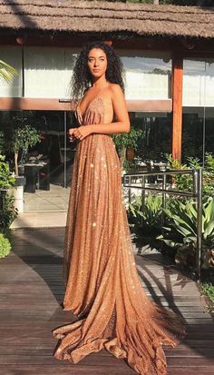 sexy deep v neck prom dresses, gold sequins prom gowns, stunning prom dresses   cg6819