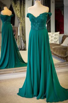 Off the Shoulder Emerald Green Long Prom Dress  cg6824