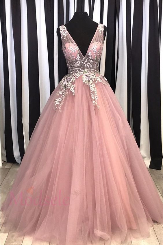Pink Ball Gown prom dress with Floral Embroidery  cg6825