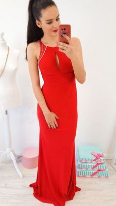 Mermaid Crew Open Back Floor-Length Red Prom Dress with Keyhole  cg6828