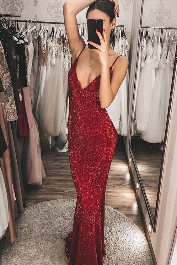 Sparkling Red Sequins Mermaid Long Prom Dress  cg6831