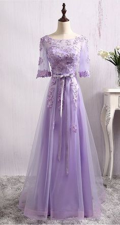 Sheer Lace Appliqués A-line Floor-Length Prom Dress, Evening Dress With Sleeves  cg6832