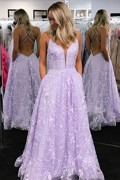 A-Line V-Neck Lilac Long Prom Dress with Appliques  cg6841