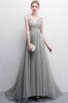 Boho V Back Crystal Sequined Grey Tulle See Through Long A Line Prom Evening Dress  cg6858