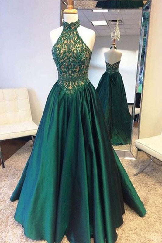 Halter Beaded Bodice A Line Satin Sweep Train Prom Dresses  cg6860