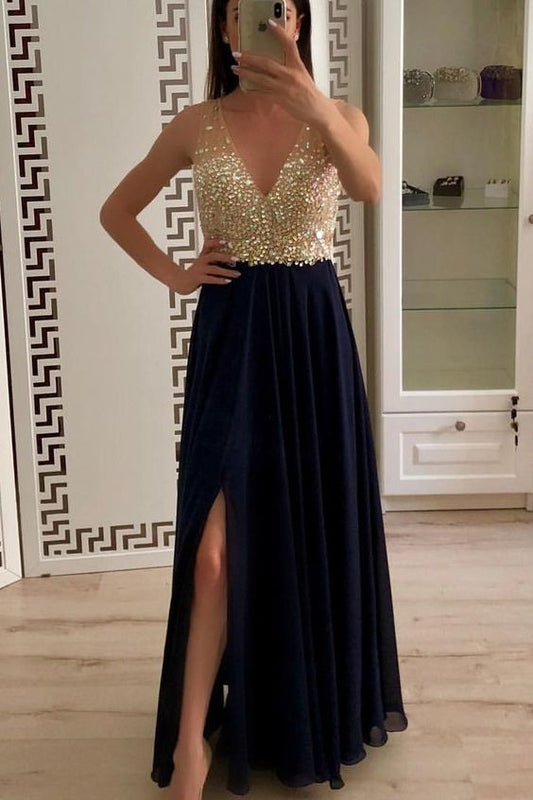 A Line Chiffon Long V Neck Beading Split Prom Dresses   cg6871