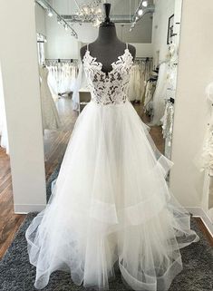White v neck tulle lace long prom dress, wedding dress  cg6888