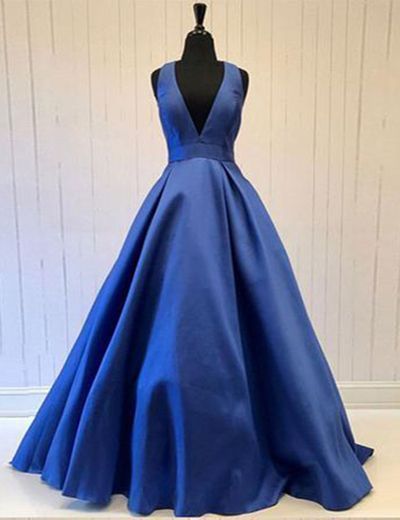 Royal blue deep V neck long open back sweet 16 prom dress  cg6894