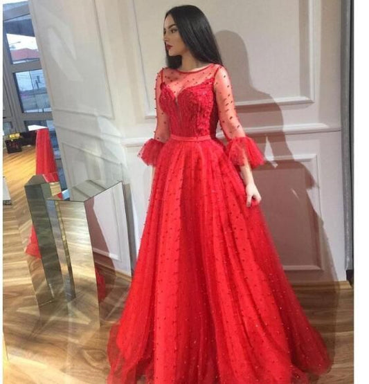 Chic Red Beaded Prom Dresses Long Sleeves Sheer Bateau Neck Evening Gowns Floor Length   cg6896