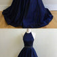 halter navy blue satin prom dress with belt, long simple formal dress cg690