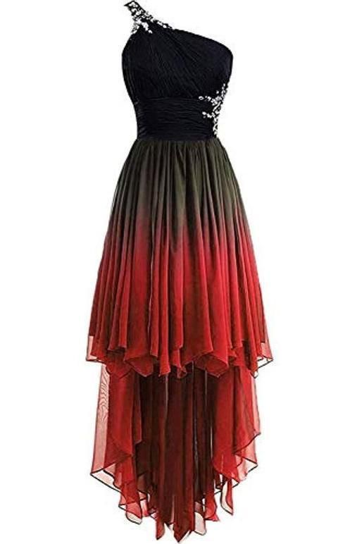 Unique One Shoulder Ombre Black and Red High Low prom Dresses with Beads  cg6906