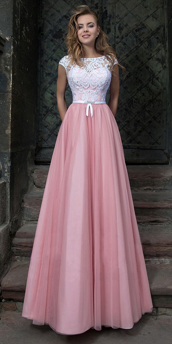 Beautiful Tulle Jewel Neckline A-line Prom/Evening Dresses With Lace Appliques & Belt  cg6920
