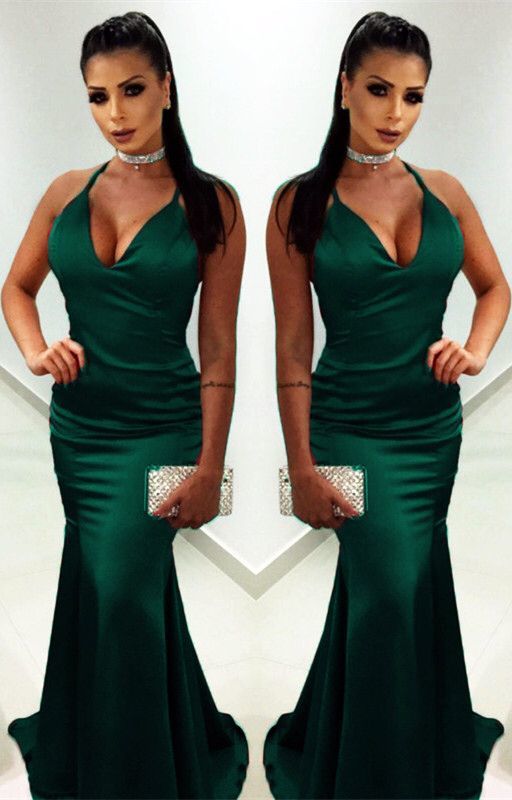 Long Satin V-neck Mermaid Evening Dresses Open Back Prom Gowns   cg6934