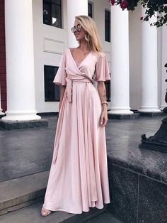 Pink Party Dress, Flutter Sleeve Dress, Boho Gown, Bridesmaid Long prom Dress, Elegant Women Dress  cg6979