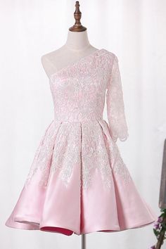 A Line One Sleeve Satin With Applique Homecoming Dress  cg6990