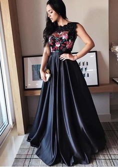 Elegant Round Neck Black Satin Long Prom Dresses with Appliques, Beautiful Formal Evening Dresses  cg6996