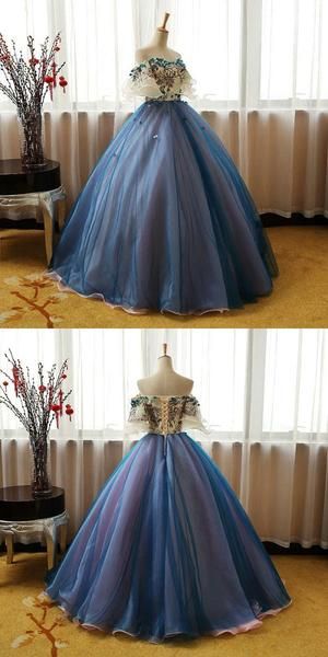Elegant Off Shoulder Appliqued Ball Gown,A-Line Blue Organza Long Prom Dresses  cg701