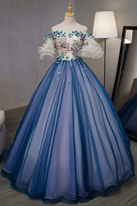 Elegantes schulterfreies Ballkleid mit Applikationen, A-Linie, langes blaues Organza-Ballkleid cg701