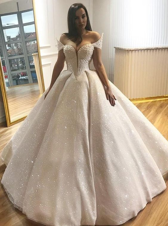 Elegant Prom Dress, Ball Gown Off-the-Shoulder Floor Length Lace Wedding Dress with Beading  cg7010