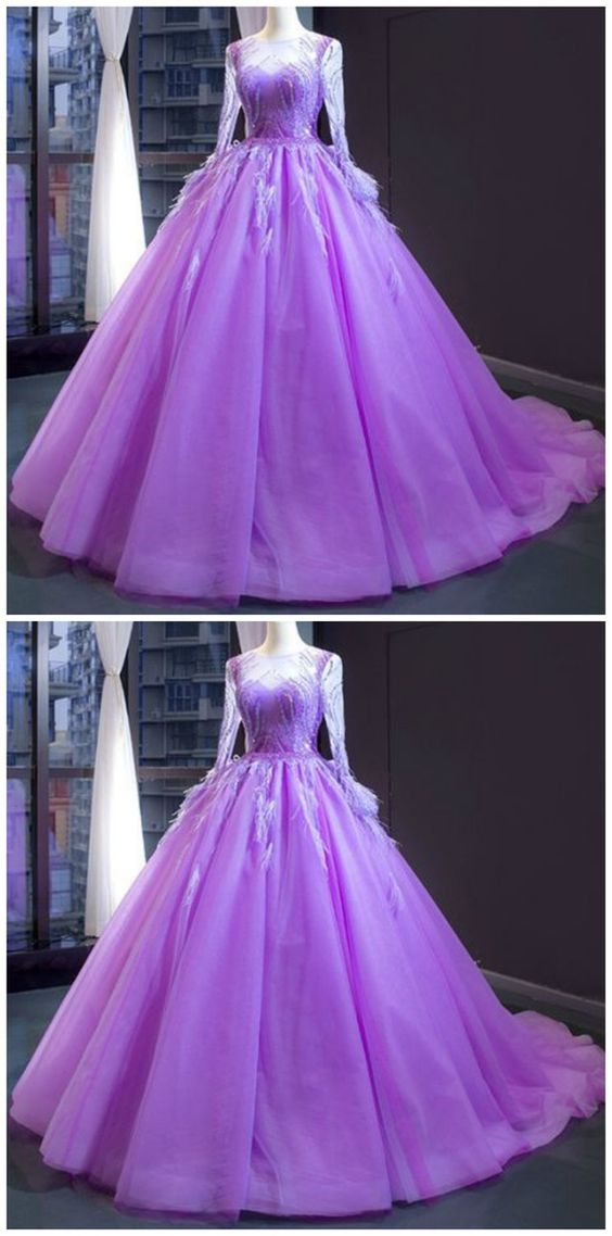 Purple Ball Gown Tulle Long Sleeve Beading Sequins Luxury Prom Dress  cg7012