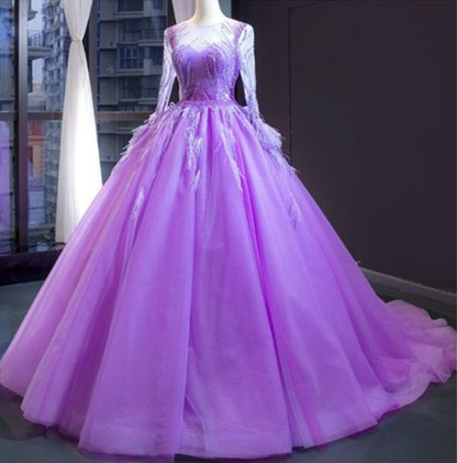 Purple Ball Gown Tulle Long Sleeve Beading Sequins Luxury Prom Dress  cg7012