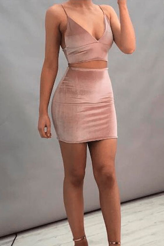 Pink Two Pieces Homecoming Dresses,Spaghetti Straps Velvet Party Dress  cg7017