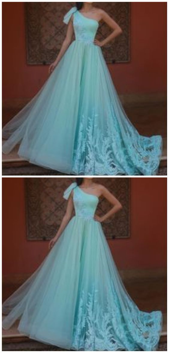 green prom dresses 2020 one shoulder pleats lace appliques a line tulle evening dresses gowns  cg7023