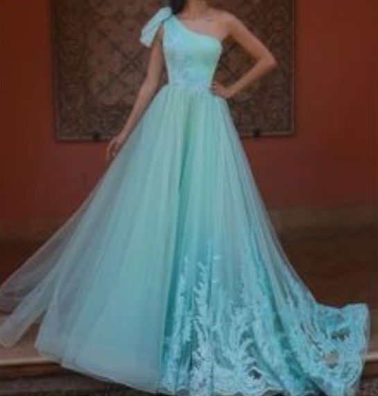 green prom dresses 2020 one shoulder pleats lace appliques a line tulle evening dresses gowns  cg7023