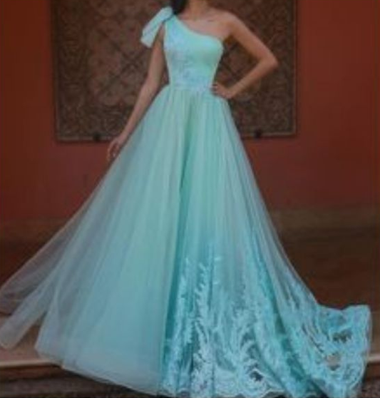 green prom dresses 2020 one shoulder pleats lace appliques a line tulle evening dresses gowns  cg7023