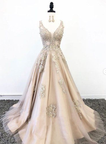 Champagne Tulle V Neck Lace Halter Senior Prom Dress, Formal Dress  cg7031