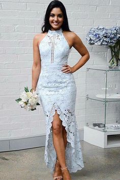 Sheath High Neck Ankle-Length Blue Lace Prom Dress  cg7048