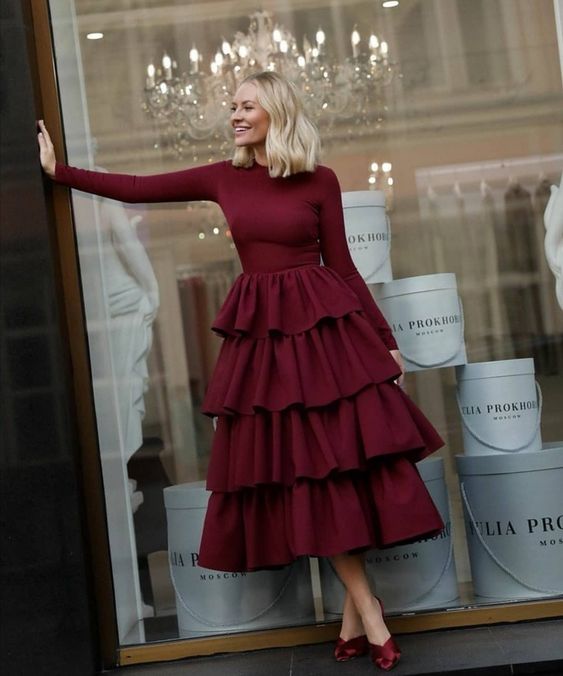 Burgundy Long Sleeves Prom Dress with Layered Skirt   cg7058