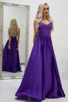A-line Spaghetti Straps Grape Long Satin Prom Dresses Lace Top Formal Gowns  cg7077