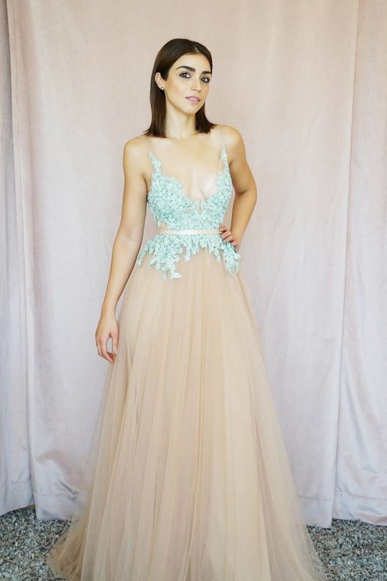 Unique Champagne Tulle Prom Dress with Lace Bodice,Deep V-Neck Lace Evening Dress  cg7090