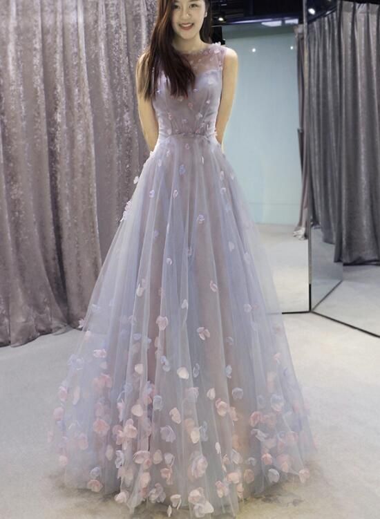 Light Blue Tulle with Flowers Elegant Long Party Gown, Beautiful prom Gown   cg7092
