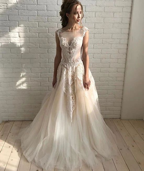 Champagne round neck tulle lace long prom dress, champagne evening dress  cg7093