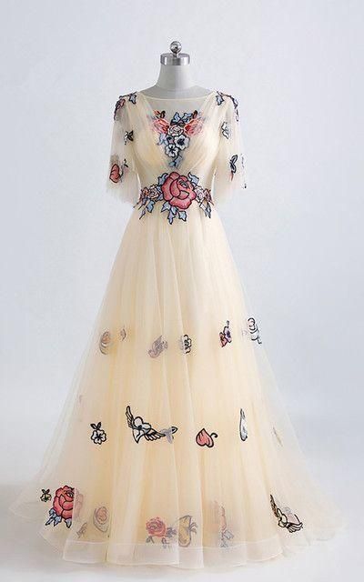 Prom Dress Plus Size, Champagne Floral Print Lace Appliques Floor Length Prom Dress  cg7108