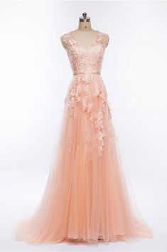 Pink v neck tulle lace applique long prom dress, pink evening dress  cg7118