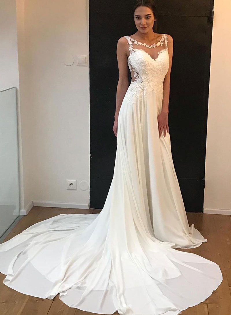White chiffon lace long prom dress, white evening dress cg713 – classygown