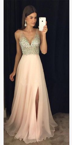 Sparkly Beaded Long V-Neck Prom Dress Fashion Long Side Slit School Dance Dresses  cg7132