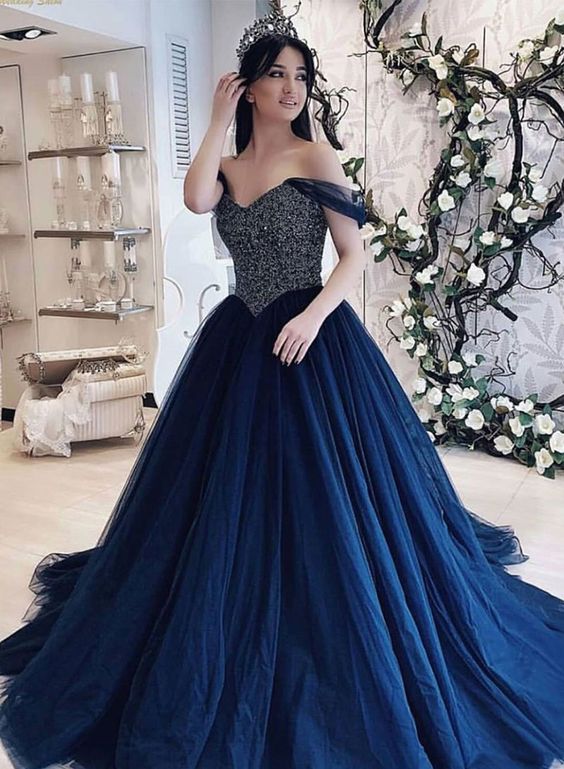Dark blue tulle beads long prom gown, blue evening dress cg714