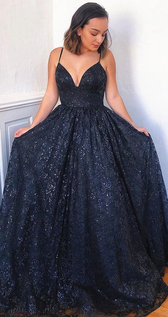 A Line V Neck Dark Navy Long Prom Formal Dresses With Appliques  cg7146