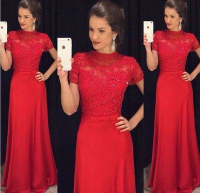 A Line Long Red Prom Dresses with Short Sleeves  cg7149