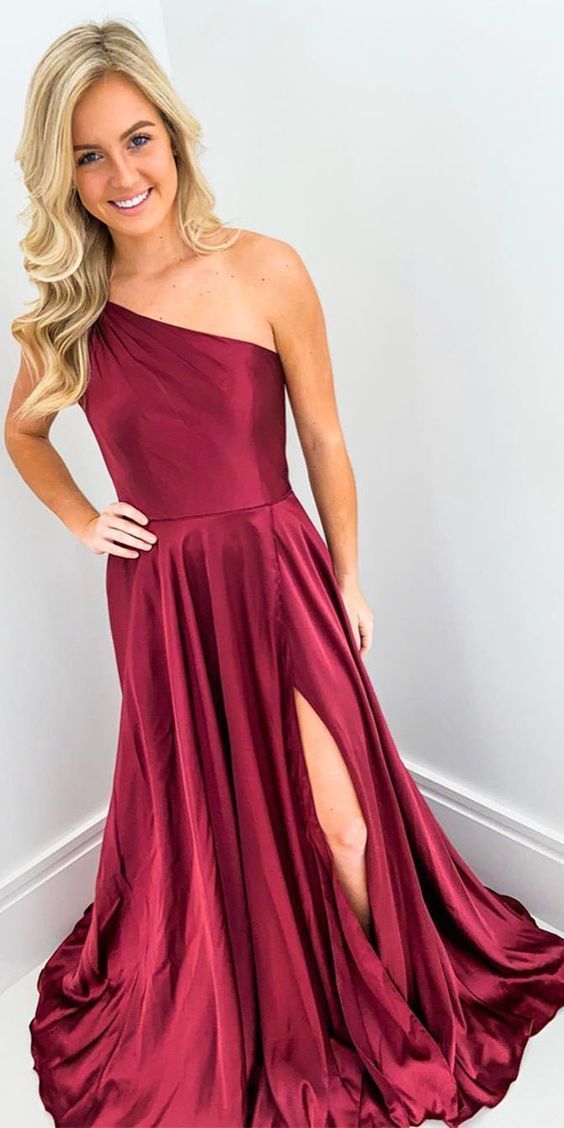 Elegant Wine Red One Shoulder Long Prom/Formal Dress with Split   cg7165