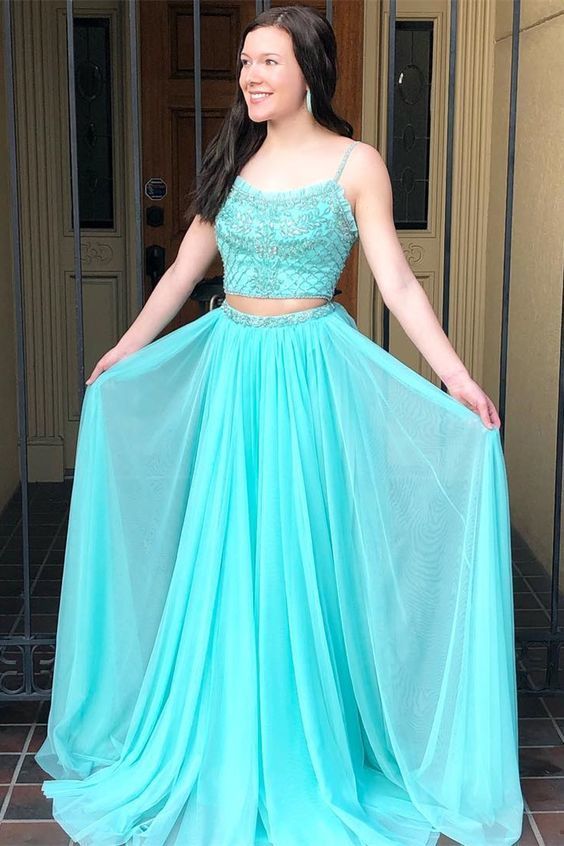 Princess Two Piece Blue Long Prom Dress with Spaghetti Straps  cg7169