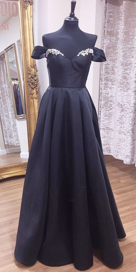 Off Shoulder A-Line Black Long Prom Dress  cg7170