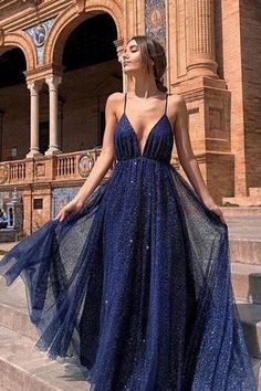 Sexy A Line Spaghetti Straps Deep V Neck Sequins Backless Long Prom Dresses  cg7190