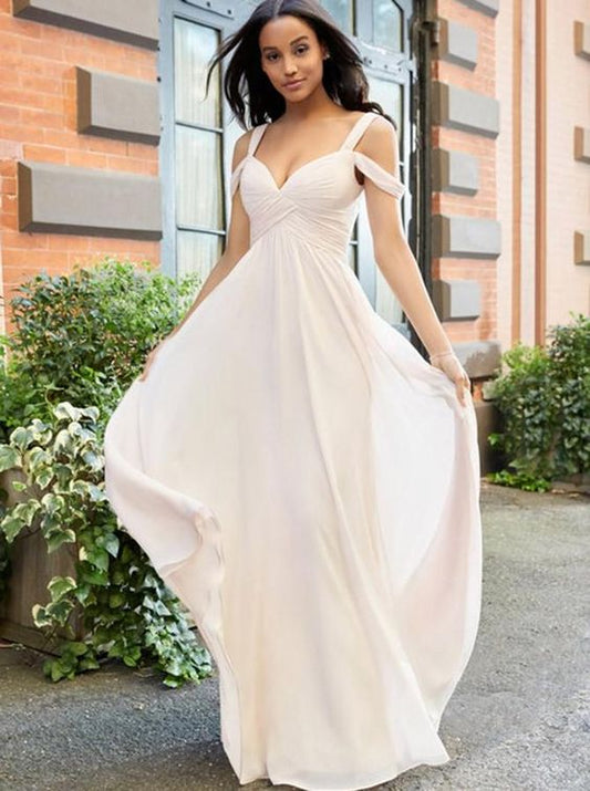 Prom Dress For Teens, A-Line Cold Shoulder Floor Length Pearl Pink Chiffon Bridesmaid Dress  cg7223