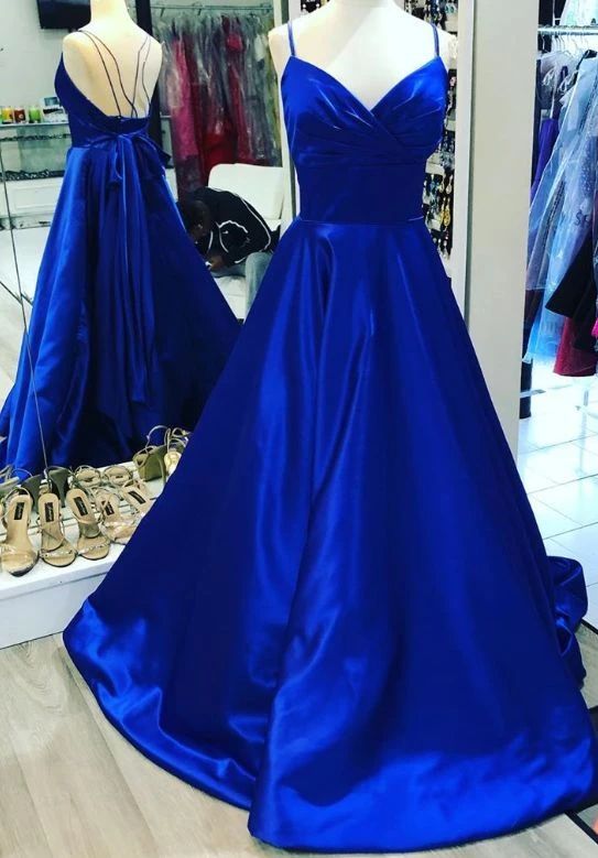 Straps Royal Blue Long Party prom Dress with Bow  cg7231
