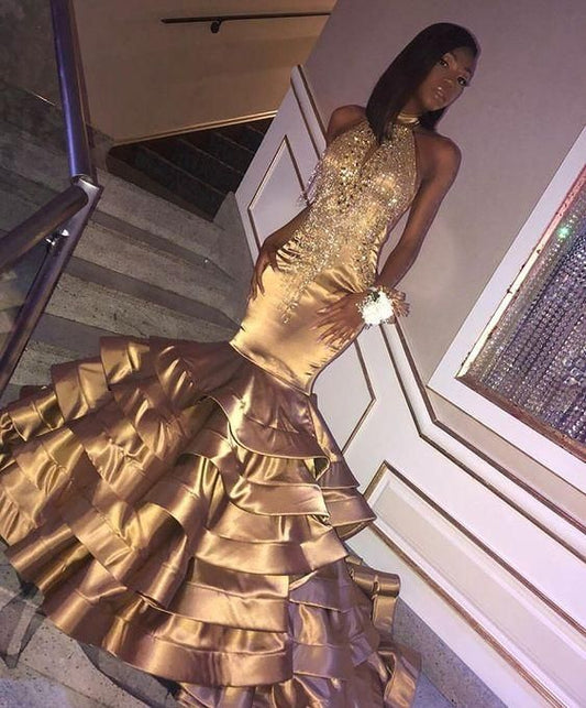 Plus Size Prom Dresses, Sexy Tiered Gold Mermaid Tiered Backless African American Black Long Prom Dresses  cg7238
